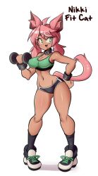Rule 34 | 1girl, :3, animal ears, breasts, cat ears, cat girl, cat tail, character name, curvy, dark-skinned female, dark skin, fang, full body, furry, furry female, green eyes, gym uniform, large breasts, looking at viewer, low twintails, lucyfer, navel, nikki (kevin ku), open mouth, original, shiny skin, shoes, short hair, simple background, smile, sneakers, solo, sports bikini, sports bra, standing, surprised, tail, twintails, weights, wide hips