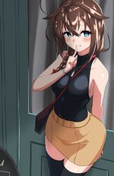 Rule 34 | 1girl, ahoge, alternate costume, bag, between breasts, black shirt, black thighhighs, blue eyes, braid, breasts, brown hair, door, finger to mouth, hair flaps, hair over shoulder, highres, jewelry, kantai collection, medium breasts, necklace, shiba (zudha), shigure (kancolle), shigure kai san (kancolle), shirt, shoulder bag, single braid, sleeveless, sleeveless shirt, solo, strap between breasts, thighhighs, turtleneck
