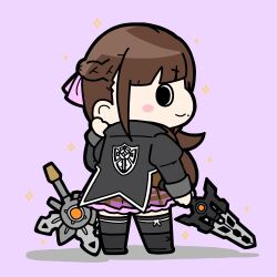 Rule 34 | 1girl, arm at side, assault lily, black footwear, black jacket, black thighhighs, blush, boots, bow, braid, brown hair, brown skirt, chibi, closed mouth, commentary, french braid, from behind, fukuyama jeanne sachie, full body, hair bow, hand up, highres, holding, holding weapon, jacket, juliet sleeves, konpeitoull (c12h22o11 tr 6), leg ribbon, long hair, long sleeves, looking at viewer, looking to the side, ludvico private girls&#039; academy school uniform, miniskirt, mole, mole under mouth, pink bow, plaid, plaid skirt, planted, profile, puffy sleeves, purple background, ribbon, school uniform, sideways glance, skirt, smile, solid circle eyes, solo, sparkle, thigh ribbon, thighhighs, weapon, white ribbon
