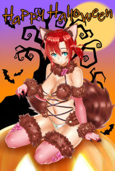 Rule 34 | 1girl, animal ears, bafuku, boudica (fate), breasts, claws, cosplay, elbow gloves, fate/grand order, fate (series), fur-trimmed gloves, fur-trimmed legwear, fur collar, fur trim, gloves, green eyes, halloween, large breasts, looking at viewer, mash kyrielight, mash kyrielight (dangerous beast), mash kyrielight (dangerous beast) (cosplay), navel, o-ring, o-ring top, official alternate costume, ponytail, red hair, revealing clothes, solo, tail, thighs, wolf ears, wolf tail