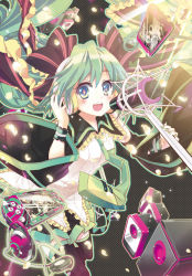 Rule 34 | 1girl, :d, black thighhighs, bow, bracelet, detached sleeves, digital media player, e-nya, green eyes, green hair, hair ribbon, handheld game console, happy, hatsune miku, ipod, jewelry, long hair, matching hair/eyes, microphone, music, necktie, open mouth, petals, playstation portable, pleated skirt, recursion, ribbon, singing, skirt, smile, solo, symbol-shaped pupils, thighhighs, twintails, vocaloid