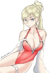 Rule 34 | 1girl, azur lane, blonde hair, blue eyes, breasts, casual one-piece swimsuit, cleavage, cosplay, detached sleeves, hair between eyes, historical name connection, kantai collection, large breasts, long hair, mole, mole under eye, mole under mouth, name connection, one-hour drawing challenge, one-piece swimsuit, ponytail, red one-piece swimsuit, rekka yamato, richelieu (azur lane), richelieu (azur lane) (cosplay), richelieu (fleuron of the waves) (azur lane), richelieu (kancolle), side-tie swimsuit, simple background, sitting, solo, swimsuit, white background, yokozuwari