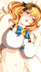 Rule 34 | 1girl, bare shoulders, blonde hair, blush, breasts, brown eyes, cleavage, eros (phantom of the kill), hairband, highres, huge breasts, long hair, looking at viewer, lying, navel, official style, on back, onigiri (niyake), parted lips, phantom of the kill, solo, stomach