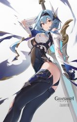 Rule 34 | 1girl, absurdres, ass, bilibili xiaolu, black hairband, blue hair, blush, breasts, copyright name, covered navel, eula (genshin impact), from below, genshin impact, greatsword, hair intakes, hair ornament, hairband, highres, large breasts, looking at viewer, medium hair, smile, solo, sword, thighhighs, thighs, weapon, yellow eyes
