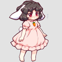 Rule 34 | 1girl, :&lt;, animal ears, barefoot, bebeneko, black hair, black outline, blush, carrot necklace, closed mouth, commentary request, dress, expressionless, flat chest, floppy ears, flying sweatdrops, frilled sleeves, frills, full body, grey background, inaba tewi, jewelry, looking at viewer, medium bangs, necklace, nose blush, outline, pink dress, puffy short sleeves, puffy sleeves, rabbit ears, rabbit girl, rabbit tail, red eyes, short hair, short sleeves, simple background, solo, tail, touhou