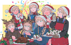 Rule 34 | animal costume, antlers, apron, baker nemo (fate), bell, blonde hair, blue hair, box, braid, cake, captain nemo (fate), christmas, christmas cake, christmas tree, closed eyes, collared shirt, confetti, engineer nemo (fate), fate/grand order, fate (series), food, fur-trimmed headwear, fur hat, fur trim, gift, gift box, glasses, gradient hair, green eyes, grin, hair ribbon, hat, highres, holding, holding party popper, holding spoon, horns, low-tied sidelocks, low twin braids, low twintails, marine nemo (fate), multicolored hair, nemo (fate), nemo (santa) (fate), nurse nemo (fate), oneroom-disco, outside border, oven mitts, party popper, professor nemo (fate), red headwear, reindeer costume, reindeer hat, ribbon, santa costume, santa hat, shirt, simple background, single braid, smile, spoon, square background, turkey (food), twin braids, twintails, ushanka