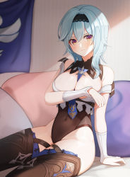 Rule 34 | 1girl, absurdres, bare shoulders, between breasts, blue hair, blue necktie, blush, boots, breasts, cleavage, commission, covered navel, covering privates, covering breasts, eula (genshin impact), genshin impact, gya (144), hairband, has bad revision, has downscaled revision, highleg, highleg leotard, highres, large breasts, leotard, looking at viewer, md5 mismatch, medium hair, necktie, necktie between breasts, panties, pillow, pixiv commission, resolution mismatch, sitting, solo, source smaller, strap slip, thigh boots, thighhighs, underwear, vambraces