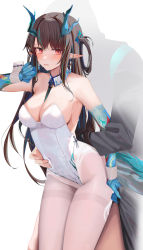Rule 34 | 1boy, 1girl, alternate costume, arknights, bare shoulders, black hair, blue skin, blush, breasts, chinese commentary, cleavage, colored skin, commentary request, covered navel, detached collar, doctor (arknights), dragon girl, dragon horns, dragon tail, dusk (arknights), highleg, highleg leotard, highres, horns, implied sex, large breasts, leotard, long hair, long sleeves, looking at viewer, medium breasts, multicolored skin, pantyhose, parted lips, pointy ears, red eyes, ru zhai, solo focus, tail, tearing up, thighs, white background, white leotard, white pantyhose, wrist cuffs