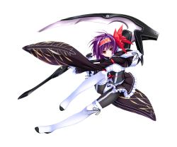 Rule 34 | 1girl, amasaka takashi, full body, game cg, gloves, hair ornament, hairband, highres, holding, holding weapon, huge weapon, long sleeves, looking at viewer, panties, pantyhose, purple hair, red eyes, scythe, short hair, skirt, solo, thighhighs, transparent background, underwear, unionism quartet, weapon, yuno (unionism quartet)