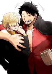 Rule 34 | 2boys, aged up, alcohol, beer, blonde hair, blush, facial hair, from behind, goatee stubble, goma1132, hair over one eye, happy, highres, large hands, large pectorals, laughing, male focus, mature male, monkey d. luffy, multiple boys, muscular, muscular male, mustache stubble, one piece, partially unbuttoned, pectoral cleavage, pectorals, sanji (one piece), shirt, short hair, stubble, time paradox, upper body