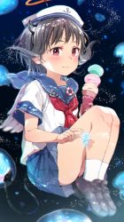 Rule 34 | 1girl, anchor symbol, animal, beret, black footwear, black hair, blue sailor collar, blue skirt, blush, closed mouth, commentary request, demon tail, eyebrows hidden by hair, fake halo, fake horns, feathered wings, food, full body, gomennasai, halo, hat, highres, holding, holding food, horns, ice cream, ice cream cone, jellyfish, loafers, neckerchief, original, pleated skirt, red eyes, red neckerchief, sailor collar, school uniform, serafuku, shirt, shoes, short sleeves, skirt, smile, socks, solo, tail, triple scoop, underwater, white hat, white shirt, white socks, white wings, wings, zangyaku-san