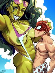 1boy 1girl abs absurdres alternate_costume artist_name blue_sky blush breast_sucking breasts cloud colored_skin day eyewear_on_head green_eyes green_hair green_skin grin hand_on_another&#039;s_head highres long_hair looking_at_viewer male_underwear marvel mask_lift muscular muscular_female muscular_male namnums nipples one_eye_closed outdoors peter_parker pink-tinted_eyewear print_male_underwear she-hulk sky smile spider-man spider-man_(series) tall_female teeth tinted_eyewear underwear white_male_underwear