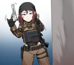 Rule 34 | 1girl, aiming, aiming at viewer, bandaid, bandaid on face, beanie, black hat, black leotard, blue background, blue eyes, brown hair, brown jacket, brown pants, camouflage, camouflage jacket, commentary, covered navel, cropped jacket, dual wielding, english commentary, engrish commentary, gas mask, gradient background, gun, handgun, hat, highres, holding, holster, jacket, k0ng, leotard, load bearing vest, looking at viewer, mask, original, pants, pistol, revolver, shotgun shell, solo, stalker (game), weapon