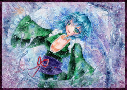 Rule 34 | 1girl, bad id, bad pixiv id, blue eyes, blue hair, bow, breasts, cleavage, collarbone, fins, gradient eyes, green eyes, head fins, japanese clothes, kimono, large breasts, looking at viewer, matching hair/eyes, mermaid, monster girl, multicolored eyes, obi, open mouth, painting (medium), qqqrinkappp, sash, solo, splashing, touhou, traditional media, upper body, wakasagihime, water, watercolor (medium), wide sleeves