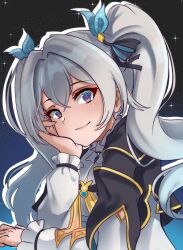 Rule 34 | 1girl, absurdres, alternate hairstyle, black jacket, commentary, firefly (honkai: star rail), grey hair, hair between eyes, hand up, head rest, highres, honkai: star rail, honkai (series), jacket, kurobayz, long hair, looking at viewer, purple eyes, shirt, smile, solo, twintails, upper body, white shirt