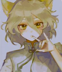 Rule 34 | 1girl, animal ears, blonde hair, commentary request, fingernails, fox ears, green nails, green ribbon, grey background, hair between eyes, hand up, highres, kudamaki tsukasa, long fingernails, looking at viewer, nail polish, open mouth, ribbon, romper, sasanosadame, short hair, short sleeves, simple background, solo, touhou, upper body, white romper, yellow eyes