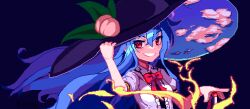 Rule 34 | 1girl, arm up, black background, black hat, blue hair, blush stickers, bow, bowtie, brodall pixel, collared shirt, commentary request, eyes visible through hair, fire, floating hair, food, fruit, grin, hair between eyes, hand on headwear, hat, highres, hinanawi tenshi, leaf hat ornament, long hair, looking at viewer, partial commentary, peach, peach hat ornament, pixel art, red bow, red bowtie, shirt, simple background, sky print, smile, solo, touhou, upper body, white shirt