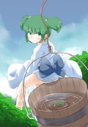 Rule 34 | 1girl, absurdres, ass, barefoot, blue kimono, blue sky, bucket, child, day, from behind, green eyes, green hair, hair bobbles, hair ornament, highres, japanese clothes, kimono, kisume, leaf, long sleeves, looking at viewer, looking back, matching hair/eyes, panties, sash, short hair, sky, solo, touhou, twintails, underwear, water, white panties, wide sleeves, yukata, zk (zk gundan)