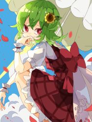 Rule 34 | 1girl, back bow, bow, commentary, dress, feet out of frame, flower, from side, green hair, grin, hair flower, hair ornament, hand to own mouth, highres, kazami yuuka, looking at viewer, nikorashi-ka, parasol, petals, plaid, plaid dress, puffy short sleeves, puffy sleeves, red bow, red dress, red eyes, shirt, short hair, short sleeves, smile, solo, squatting, sunflower, sunflower hair ornament, touhou, umbrella, white shirt, wrist cuffs