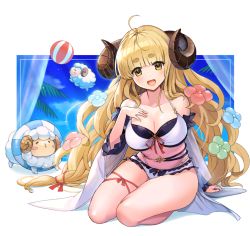 Rule 34 | 1girl, anila (granblue fantasy), anila (summer) (granblue fantasy), ball, bikini, blonde hair, blue sky, blunt bangs, breasts, cloud, collarbone, commentary request, curled horns, day, detached sleeves, draph, full body, granblue fantasy, horns, large breasts, long hair, looking at viewer, noz illust, open mouth, sheep, sheep horns, sitting, sky, smile, solo, swimsuit, thick eyebrows, thighs, white bikini, yellow eyes