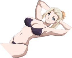 Rule 34 | 1girl, absurdres, armpits, arms behind head, arms up, bikini, blonde hair, breasts, cleavage, highres, large breasts, naruto, naruto (series), navel, smile, solo, swimsuit, yamanaka ino