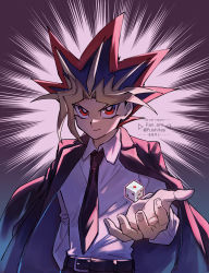 Rule 34 | 1boy, alternate costume, belt, black hair, blonde hair, bright pupils, closed mouth, collared shirt, commentary request, dice, fushitasu, jacket, jacket on shoulders, long sleeves, looking at viewer, male focus, multicolored hair, muto yugi, necktie, red eyes, red hair, shirt, smile, solo, spiked hair, watermark, white pupils, white shirt, yu-gi-oh!