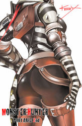 Rule 34 | 1girl, armor, ass, backpack, bag, belt, breasts, brown legwear, capcom, chainmail, elbow gloves, fantasy, from behind, gloves, hand on own hip, head out of frame, kenzy, large breasts, monster hunter, monster hunter (series), monster hunter portable 2nd, profile, randoseru, satchel, signature, simple background, skin tight, solo, standing, strap, striped, thigh strap, vespoid, vespoid (armor)