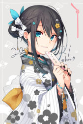 Rule 34 | 1girl, 2021, black hair, black nails, blue eyes, blue hair, bow, braid, butterfly hair ornament, commentary request, earrings, grey background, hair bow, hair bun, hair ornament, hands up, highres, holding, japanese clothes, jewelry, kimono, kuroi (liar-player), long sleeves, looking at viewer, multicolored hair, nail polish, original, parted lips, single hair bun, smile, solo, striped bow, striped clothes, striped kimono, twitter username, two-tone hair, vertical-striped clothes, vertical-striped kimono, white bow, wide sleeves
