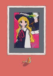 Rule 34 | 1girl, absurdres, black headwear, black skirt, black vest, blonde hair, brown eyes, collared shirt, cross, frilled hat, frills, hat, hat feather, highres, holding, holding cross, jacket girl (dipp), long hair, long sleeves, neruzou, pink background, portrait (object), red neckwear, red ribbon, ribbon, shirt, simple background, skirt, touhou, vest, wavy hair, white shirt