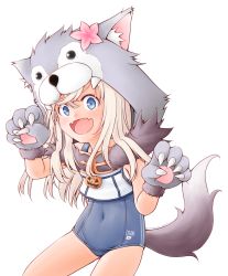 Rule 34 | 1girl, animal hands, animal hood, blue one-piece swimsuit, cosplay, covered navel, cowboy shot, dog hood, dog tail, fangs, flower, gloves, hair flower, hair ornament, hood, kantai collection, meihemu, one-piece swimsuit, open mouth, paw gloves, ro-500 (kancolle), school swimsuit, school uniform, serafuku, simple background, skin fangs, sleeveless, solo, swimsuit, swimsuit under clothes, tail, white background, wolf tail, yuudachi (kancolle), yuudachi (kancolle) (cosplay)