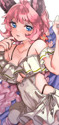 Rule 34 | 1girl, absurdres, animal ears, bare shoulders, blouse, blue eyes, breasts, casual one-piece swimsuit, cleavage, clothing cutout, collared shirt, erune, flower, frilled swimsuit, frills, granblue fantasy, hair flower, hair ornament, highres, lips, medium breasts, one-piece swimsuit, osakana (rrg0123), parted lips, pink shirt, shirt, side cutout, solo, swimsuit, tien (granblue fantasy), tien (twins on vacation) (granblue fantasy), tri braids, tri tails, underboob cutout, white one-piece swimsuit