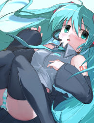 Rule 34 | green eyes, green hair, hatsune miku, lying, misagi nagu, necktie, panties, solo, striped clothes, striped panties, thighhighs, twintails, underwear, vocaloid