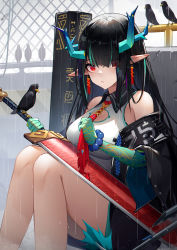 Rule 34 | 1girl, absurdres, aqua hair, arknights, bare legs, bare shoulders, bead bracelet, beads, bird, black coat, black hair, bracelet, coat, dress, dusk (arknights), feet out of frame, highres, holding, holding sword, holding weapon, horns, jewelry, knees up, long hair, looking at viewer, multicolored hair, off shoulder, pointy ears, rain, red eyes, rinne (buye rinne), short dress, sitting, solo, streaked hair, sword, thighs, weapon, white dress