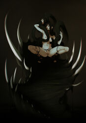 Rule 34 | 1girl, black background, black eyeshadow, black hair, black thighhighs, breasts, closed eyes, completely nude, earrings, erection, eyeshadow, female pubic hair, full-package futanari, futanari, gluteal fold, highres, horror (theme), host (obj shep), jewelry, licking tentacle, long hair, makeup, medium breasts, navel, nipple bar, nipple piercing, non-web source, nude, obj shep, open mouth, original, pale skin, penis, piercing, pubic hair, pussy, sandals, simple background, skinny, solo, sparse pubic hair, spread legs, squatting, straight hair, stud earrings, tentacles, testicles, thighhighs, toes, tongue, tongue out, tongue piercing, torn clothes, torn thighhighs, underwear, variant set