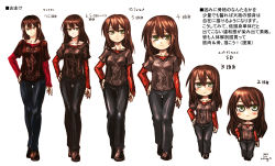 Rule 34 | 1girl, blush, blush stickers, brown footwear, brown hair, brown shirt, chibi, closed mouth, dated, green eyes, grey pants, hair between eyes, hand on own hip, highres, kotoba noriaki, layered sleeves, long sleeves, looking at viewer, multiple persona, multiple views, original, pants, print shirt, progression, resident evil, shirt, shoes, short over long sleeves, short sleeves, signature, simple background, smile, standing, translation request, white background