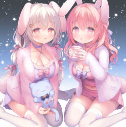 Rule 34 | 2girls, :d, :o, animal ears, blush, bow, camisole, choker, collarbone, commentary request, criss-cross halter, cup, hair between eyes, hair bow, halterneck, highres, holding, holding cup, holding stuffed toy, jacket, long hair, long sleeves, mug, multiple girls, no shoes, open clothes, open jacket, open mouth, original, parted lips, pink bow, pink camisole, pink choker, pink hair, pink jacket, pink shorts, purple bow, purple camisole, purple choker, purple jacket, purple shorts, rabbit ears, red eyes, sakura (usashiro mani), short shorts, shorts, sitting, sleeves past wrists, smile, star (symbol), starry background, stuffed animal, stuffed cat, stuffed toy, thighhighs, usashiro mani, very long hair, wariza, white hair, white thighhighs