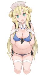 Rule 34 | 1girl, absurdres, bikini, blonde hair, blue bikini, blush, breasts, character request, cleavage, copyright request, front-tie top, gloves, goekawa, green eyes, hands on own chest, highres, large breasts, long hair, looking at viewer, navel, open mouth, solo, swimsuit, thighhighs, thighs, white background, white gloves
