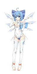 Rule 34 | &gt;:(, 1girl, absurdres, ahoge, alternate costume, angry, asymmetrical gloves, bad id, bad pixiv id, bare shoulders, barefoot, blue eyes, blue hair, blush, bow, breasts, bridal gauntlets, cirno, clothing cutout, covered navel, facial mark, feet, frown, full body, gloves, hair bow, halterneck, hand on headphones, headset, highres, hip focus, holding, ice, ice wings, leotard, looking at viewer, makai tenshi djibril, matching hair/eyes, mechanical wings, mismatched gloves, ootsuki momiji, parody, partially fingerless gloves, short hair, simple background, small breasts, solo, standing, thighhighs, toeless legwear, toes, touhou, touhou ayaria epic, turtleneck, underboob, underboob cutout, v-shaped eyebrows, white background, white thighhighs, wings