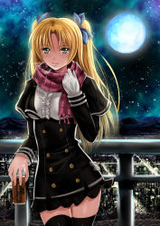 Rule 34 | 1girl, absurdres, black thighhighs, blonde hair, blush, buttons, cape, city lights, cityscape, coat, coffee, double-breasted, full moon, gloves, green eyes, highres, light, long sleeves, moon, moonlight, night, night sky, original, outdoors, plaid, plaid scarf, railing, scarf, single glove, skirt, sky, smile, soyokaze, standing, thighhighs, zettai ryouiki