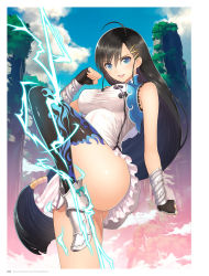 Rule 34 | &gt;:), 1girl, ahoge, armor, armored boots, ass, asymmetrical legwear, bare shoulders, black hair, blade arcus from shining, blue eyes, blue sky, boots, bow, breasts, chinese clothes, clenched hands, cliff, cloud, day, dress, electricity, fighting stance, fingerless gloves, gloves, hair ornament, hairclip, high heels, highres, large breasts, leg up, long hair, long legs, low-tied long hair, microdress, official art, open mouth, outdoors, pairon, shining (series), single thighhigh, sky, smile, solo, standing, standing on one leg, taut clothes, thighhighs, tony taka, uneven legwear, v-shaped eyebrows, very long hair