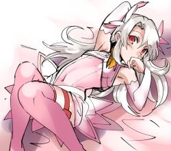 Rule 34 | 1girl, aono shimo, armpits, bad id, bad pixiv id, blush, covered navel, detached sleeves, fate/kaleid liner prisma illya, fate (series), illyasviel von einzbern, long hair, lying, magical girl, on back, pink thighhighs, prisma illya, red eyes, solo, thighhighs, white hair