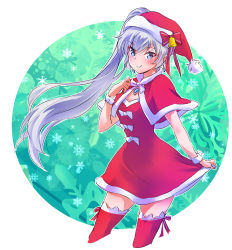 Rule 34 | 1girl, bell, blue eyes, bow, breasts, capelet, christmas, cleavage, closed mouth, cowboy shot, dress, earrings, fur trim, hat, highres, iesupa, jewelry, jingle bell, long hair, pendant, ponytail, red bow, red dress, red thighhighs, rwby, santa costume, santa hat, scar, scar across eye, scar on face, side ponytail, skirt hold, small breasts, smile, snowflake background, solo, thighhighs, weiss schnee, white hair, wrist cuffs, zettai ryouiki