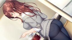 Rule 34 | 1girl, ass, ayase hazuki, blush, breasts, brown hair, closed mouth, cooking, denim, eyebrows hidden by hair, feet out of frame, female focus, from behind, game cg, groin, hands up, highres, holding, indoors, jeans, kitchen, ladle, large breasts, legs, long hair, orange eyes, original, pants, solo, standing, steam, tachibana iori, thighs, yubisaki connection