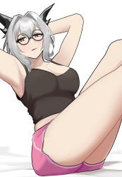 Rule 34 | 1girl, absurdres, arknights, armpits, arms up, bare arms, bare shoulders, breasts, camisole, cleavage, commentary, grey hair, hair intakes, highres, horns, large breasts, midriff peek, pink shorts, red eyes, short hair, short shorts, shorts, sitting, solo, spaghetti strap, talulah (arknights), thighs, tofudofu