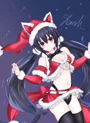 Rule 34 | 1girl, black hair, breasts, christmas, cleavage, hat, highres, legs, looking at viewer, low twintails, medium breasts, navel, neptune (series), noire (neptunia), red eyes, santa hat, skirt, smile, solo, thighs, thong, twintails
