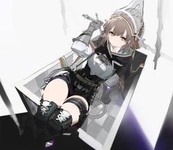 Rule 34 | 1girl, absurdres, arknights, arm support, arm up, belt, black capelet, black shorts, black thighhighs, breasts, brown hair, capelet, closed mouth, commentary request, fartooth (arknights), feather hair, feet out of frame, gauntlets, helmet, high-waist shorts, highres, holding, holding sword, holding weapon, leaning back, long hair, long sleeves, looking at viewer, medium breasts, shin guards, shirt, shorts, simple background, sitting, solo, sword, thigh strap, thighhighs, v-shaped eyebrows, weapon, white background, white shirt, yellow eyes, yukuso (dabiandang)