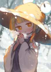 Rule 34 | 1girl, absurdres, blonde hair, blush, brown hat, chii (tsumami tsumamare), hat, highres, long hair, long sleeves, looking at viewer, moriya suwako, open mouth, purple vest, shirt, snow, snowing, solo, touhou, upper body, vest, white shirt, wide sleeves, yellow eyes