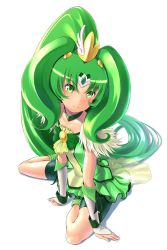 Rule 34 | 1girl, big hair, bike shorts, choker, closed mouth, commentary request, cure march, detached sleeves, full body, fur trim, green choker, green eyes, green hair, green skirt, green theme, green vest, highres, long hair, looking at viewer, midorikawa nao, pleated skirt, precure, simple background, sitting, skirt, smile, smile precure!, solo, tiara, very long hair, vest, wa (genryusui), white background