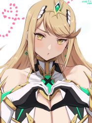 Rule 34 | 1girl, bare shoulders, blonde hair, breasts, chest jewel, cleavage, cleavage cutout, clothing cutout, dress, earrings, elbow gloves, gloves, heart, heart hands, highres, jewelry, large breasts, mythra (xenoblade), solo, swept bangs, tiara, white dress, white gloves, xenoblade chronicles (series), xenoblade chronicles 2, yamamori kinako, yellow eyes