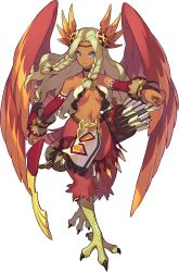 Rule 34 | 1girl, arm up, arrow (projectile), artist request, bare shoulders, bird legs, bird tail, blonde hair, blue eyes, body fur, bow (weapon), braid, breasts, bridal gauntlets, brown headband, claws, closed mouth, cran (world flipper), crop top, dark-skinned female, dark skin, elbow gloves, eyeshadow, feather hair ornament, feathered wings, feathers, female focus, fringe trim, full body, gloves, hair intakes, hair ornament, hair tie, halterneck, happy, harpy, headband, highres, holding, holding arrow, holding bow (weapon), holding weapon, leg up, loincloth, long hair, looking at viewer, makeup, medium breasts, monster girl, navel, non-web source, official art, outstretched arm, pelvic curtain, quiver, red eyeshadow, red fur, red gloves, red wings, revealing clothes, shiny skin, shirt, sidelocks, simple background, sleeveless, sleeveless shirt, smile, solo, standing, standing on one leg, stomach, tail, transparent background, twin braids, underboob, wavy hair, weapon, white shirt, wings, world flipper